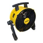 Yellow DEWALT portable air blower with a round fan grill and top black handle, viewed from the side